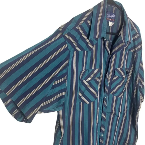 Wrangler Men’s Vintage Striped Pearl Snap Short Sleeve Western Shirt Teal Blue - Picture 5 of 7